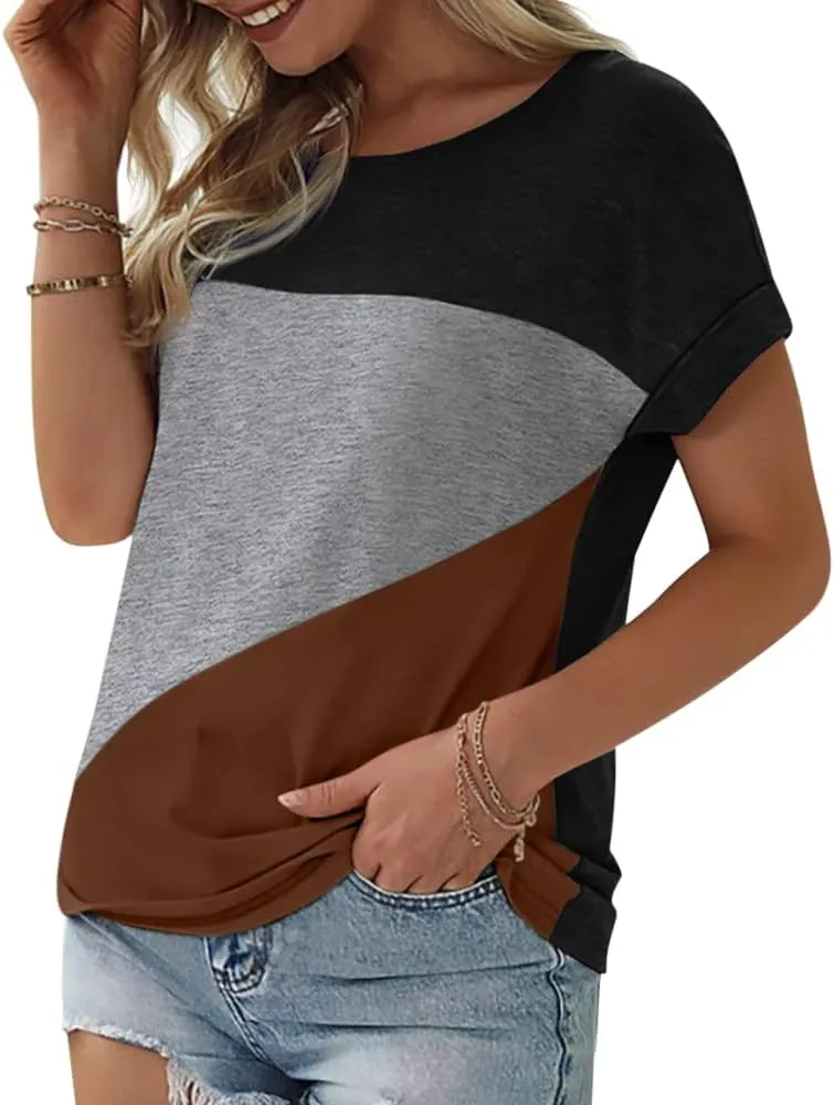 Womens Color Block Short Sleeve Tops Casual Summer T-Shirt