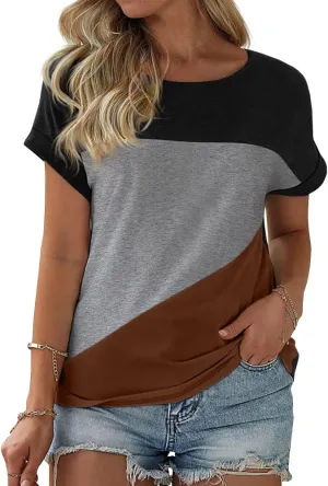 Womens Color Block Short Sleeve Tops Casual Summer T-Shirt