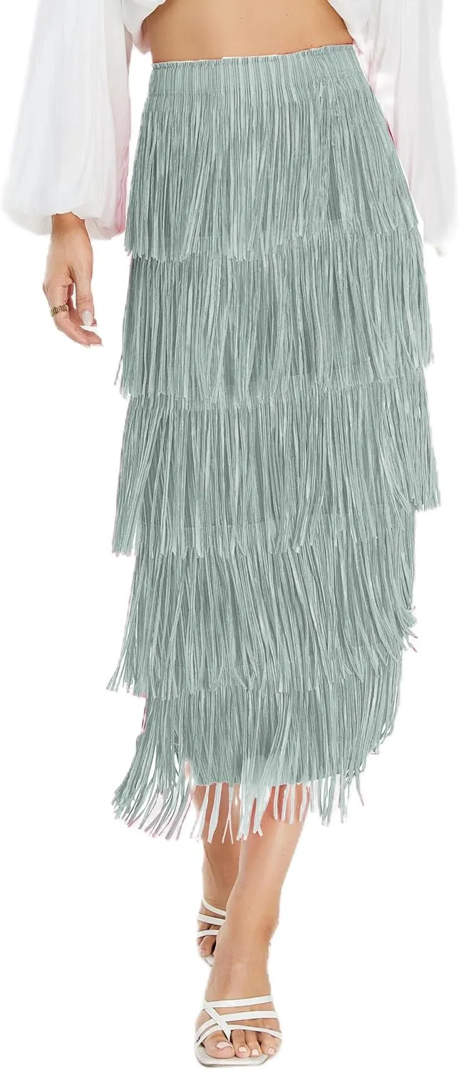 Women's Fringe Trim High Waist Short Pencil Bodycon Skirts, Sexy Elegant Fringe Long Maxi Skirt Summer Party Work