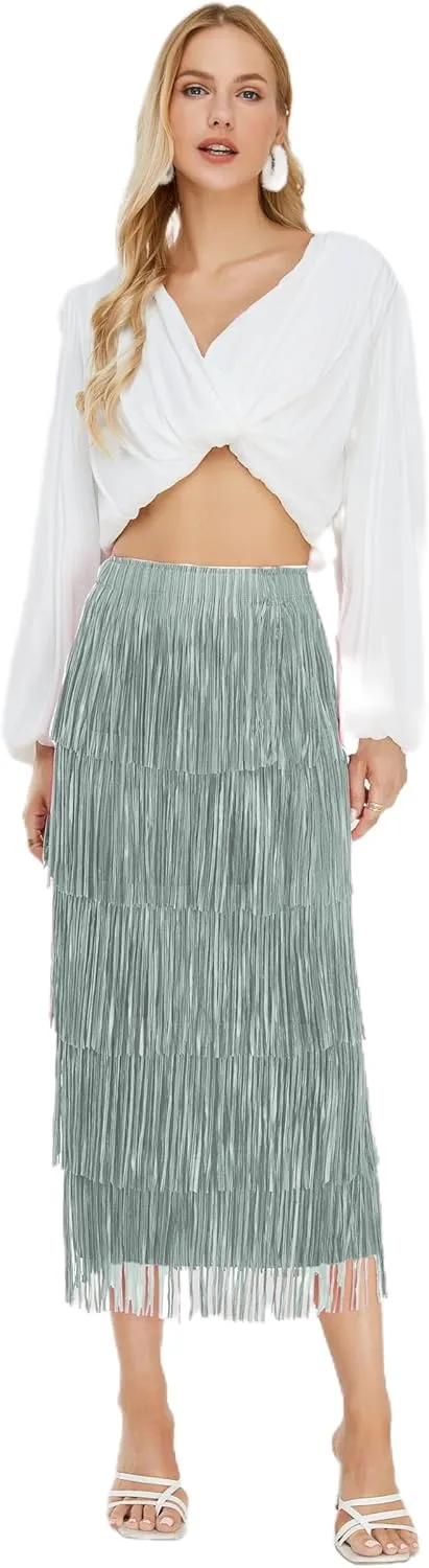 Women's Fringe Trim High Waist Short Pencil Bodycon Skirts, Sexy Elegant Fringe Long Maxi Skirt Summer Party Work