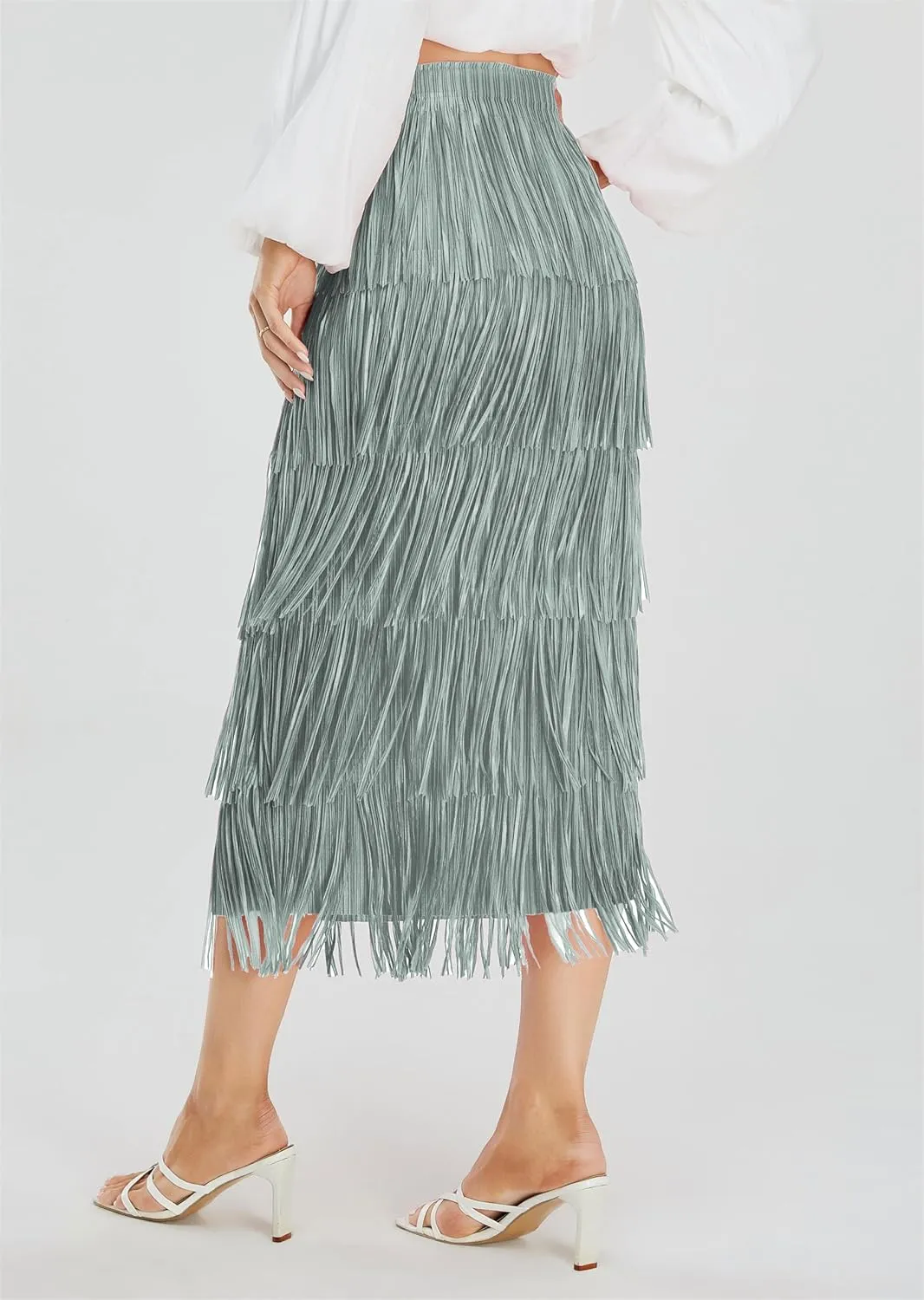 Women's Fringe Trim High Waist Short Pencil Bodycon Skirts, Sexy Elegant Fringe Long Maxi Skirt Summer Party Work