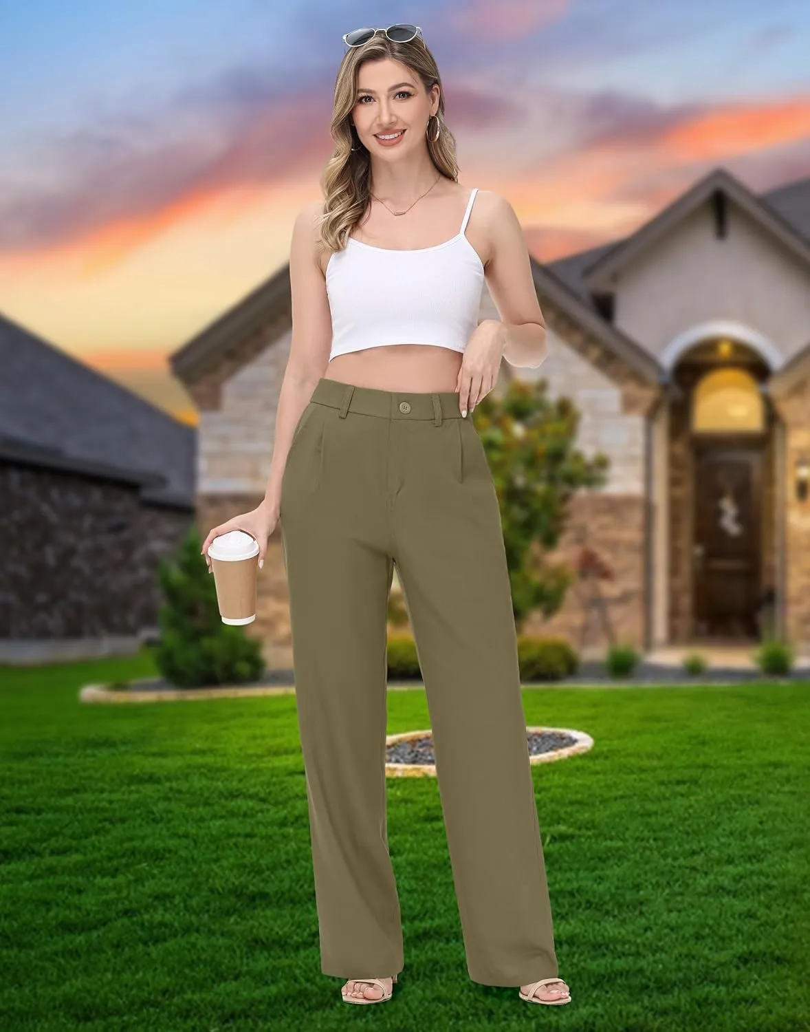 Women's Linen Dress Pants - 29"/31" Wide Leg Business Work Trousers Casual Summer Beach Cotton Slacks with Drawstring