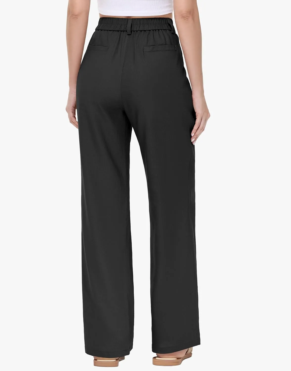 Women's Linen Dress Pants - 29"/31" Wide Leg Business Work Trousers Casual Summer Beach Cotton Slacks with Drawstring
