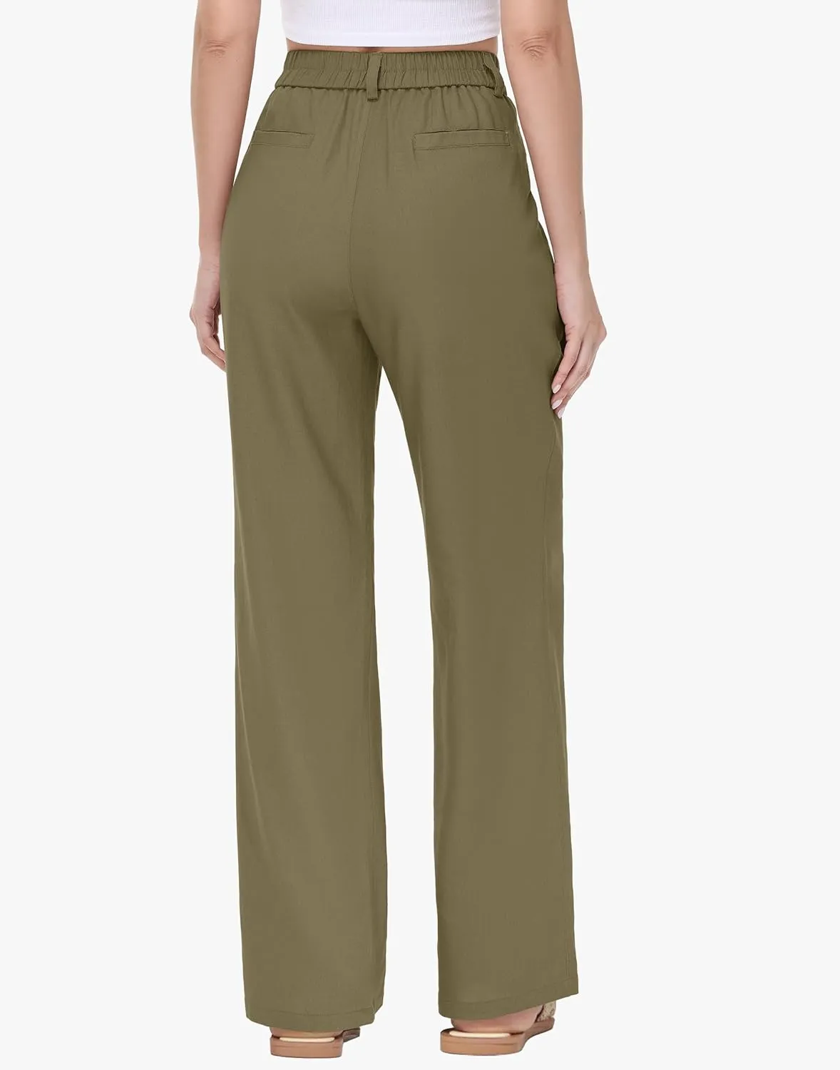 Women's Linen Dress Pants - 29"/31" Wide Leg Business Work Trousers Casual Summer Beach Cotton Slacks with Drawstring
