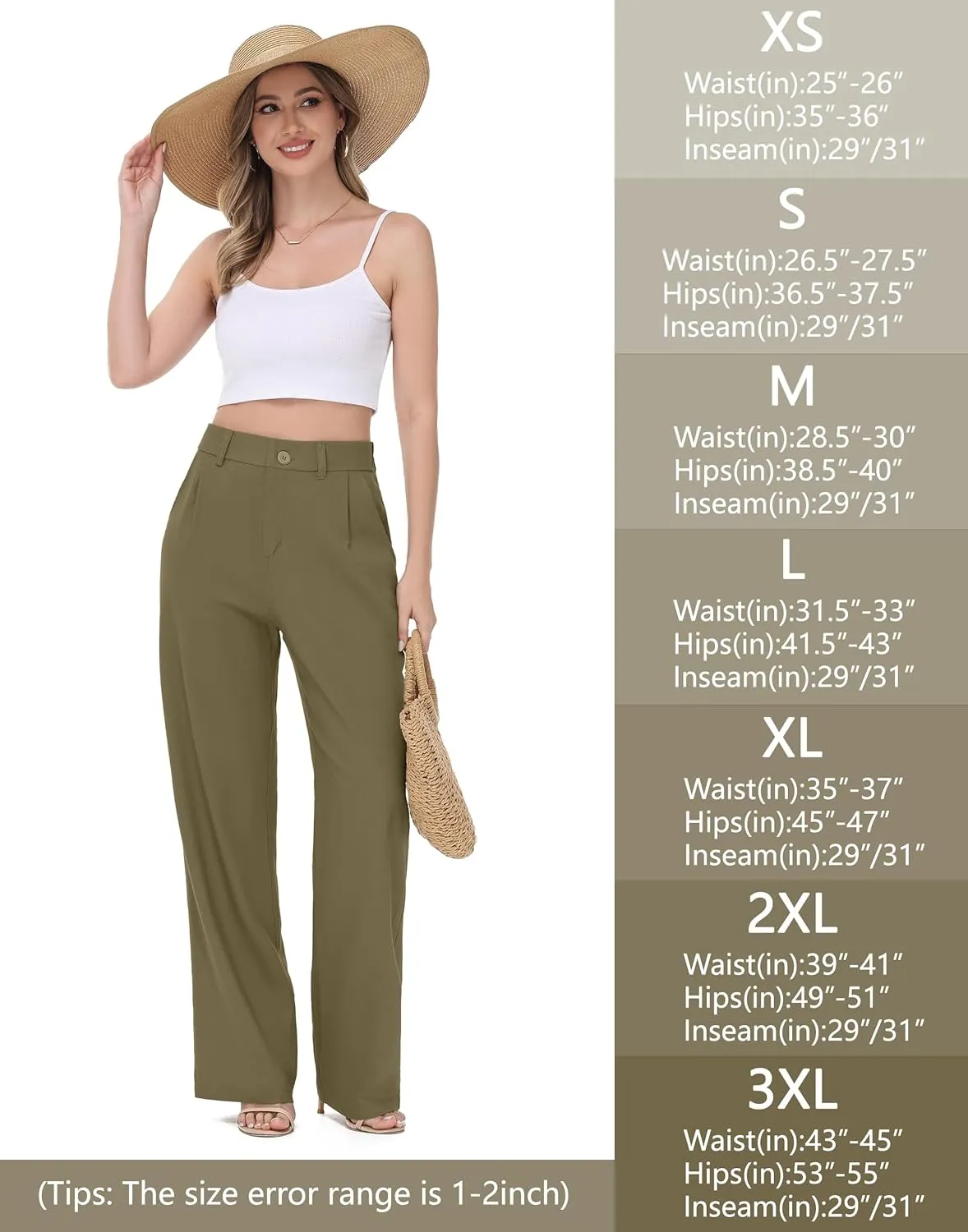 Women's Linen Dress Pants - 29"/31" Wide Leg Business Work Trousers Casual Summer Beach Cotton Slacks with Drawstring
