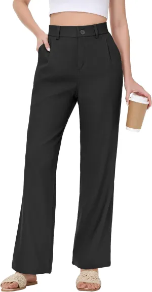 Women's Linen Dress Pants - 29"/31" Wide Leg Business Work Trousers Casual Summer Beach Cotton Slacks with Drawstring
