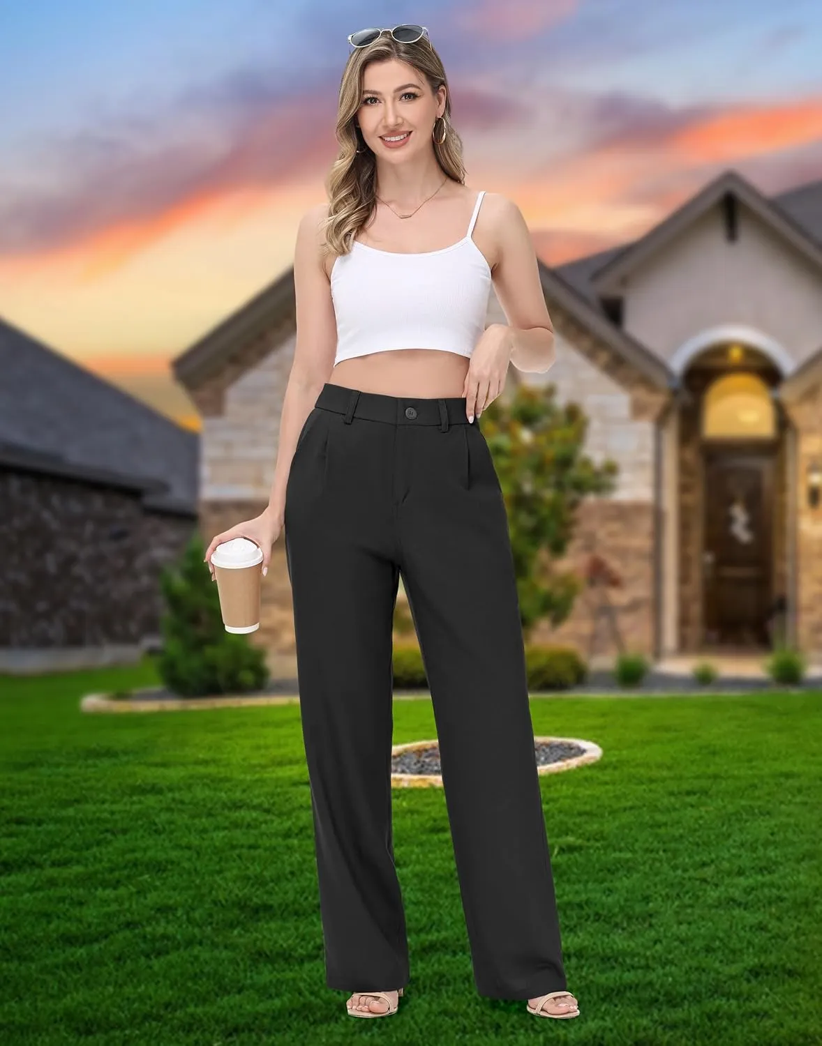 Women's Linen Dress Pants - 29"/31" Wide Leg Business Work Trousers Casual Summer Beach Cotton Slacks with Drawstring