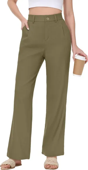 Women's Linen Dress Pants - 29"/31" Wide Leg Business Work Trousers Casual Summer Beach Cotton Slacks with Drawstring