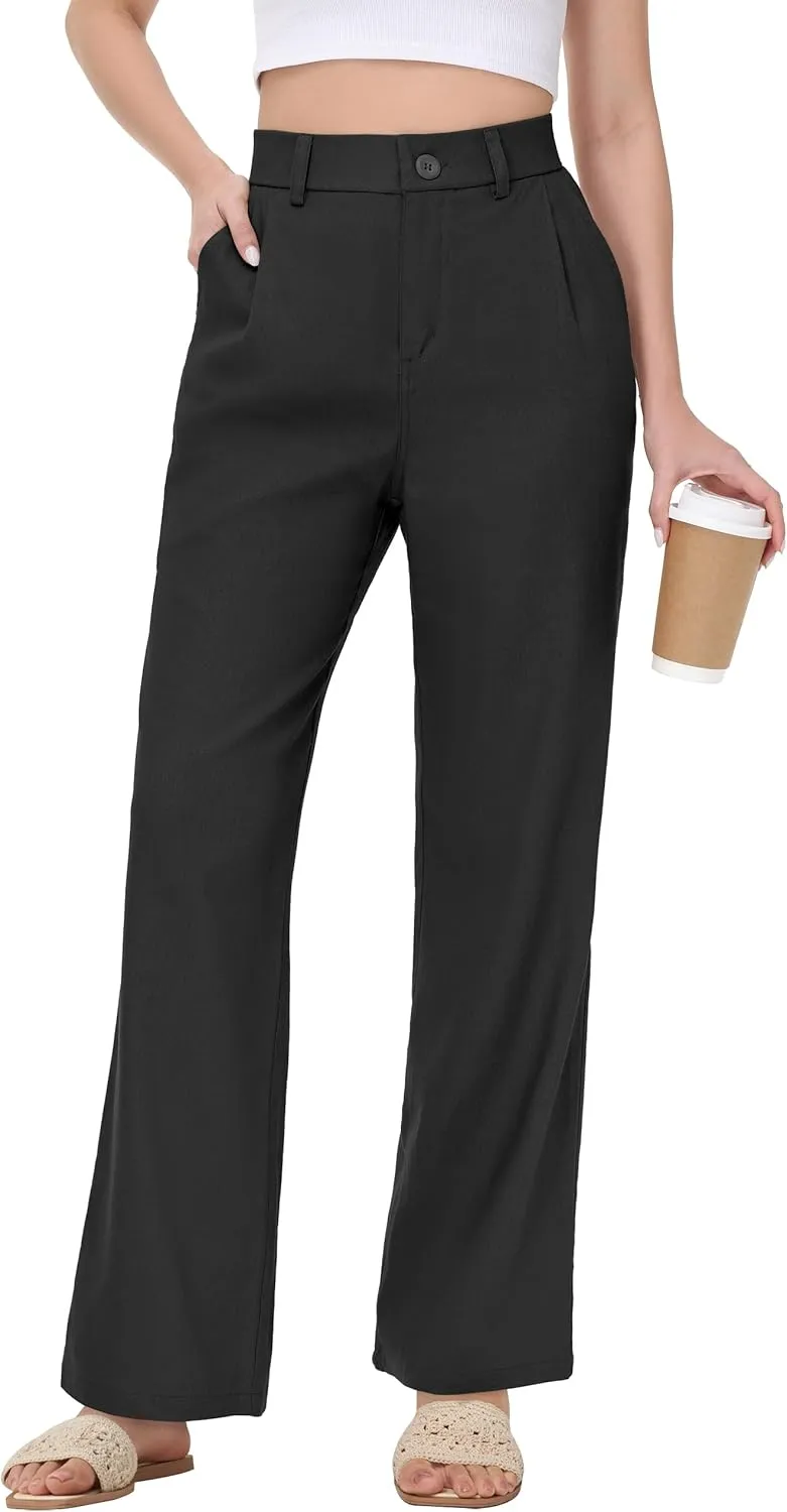 Women's Linen Dress Pants - 29"/31" Wide Leg Business Work Trousers Casual Summer Beach Cotton Slacks with Drawstring