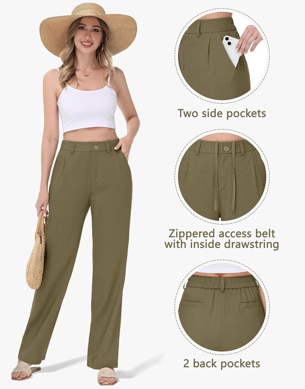 Women's Linen Dress Pants - 29"/31" Wide Leg Business Work Trousers Casual Summer Beach Cotton Slacks with Drawstring