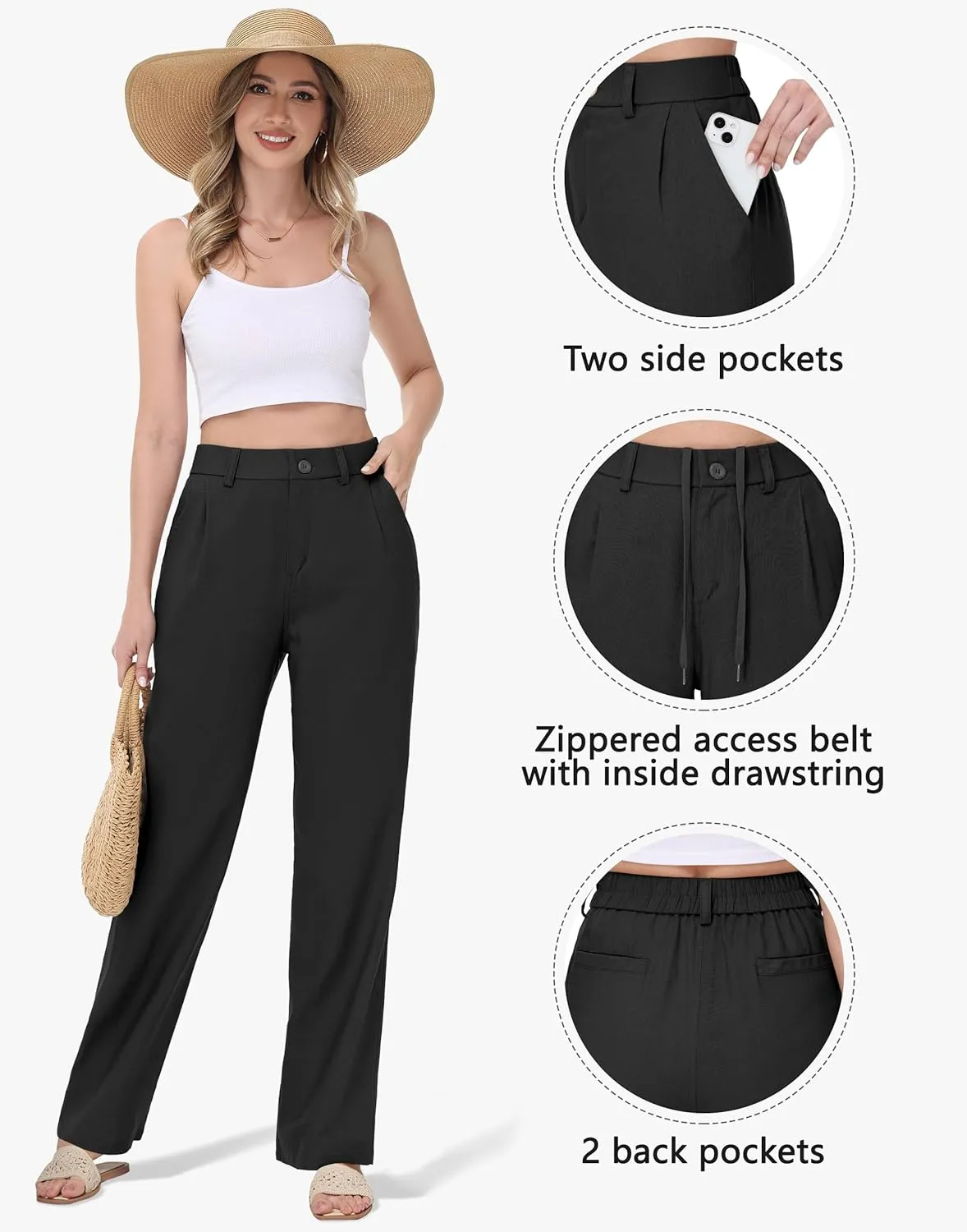 Women's Linen Dress Pants - 29"/31" Wide Leg Business Work Trousers Casual Summer Beach Cotton Slacks with Drawstring