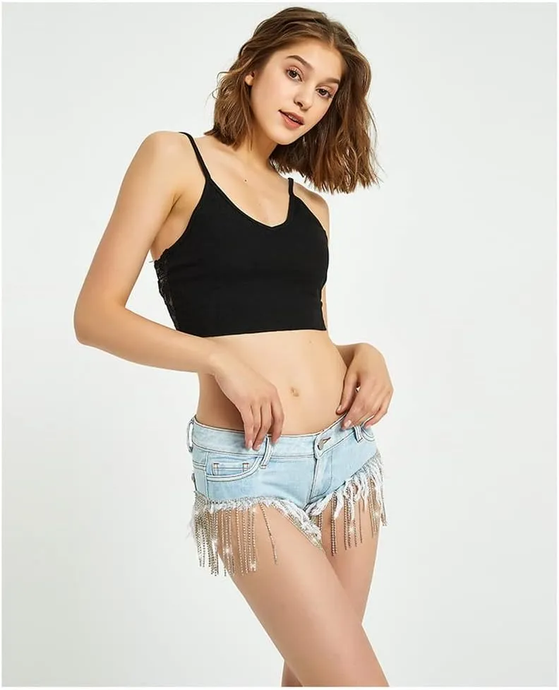 Women's Shiny Jean Shorts Rhinestone Fringe Tassels Wide Leg Sexy Summer Denim Short Jeans