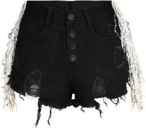 Women's Shiny Jean Shorts Rhinestone Fringe Tassels Wide Leg Sexy Summer Denim Short Jeans