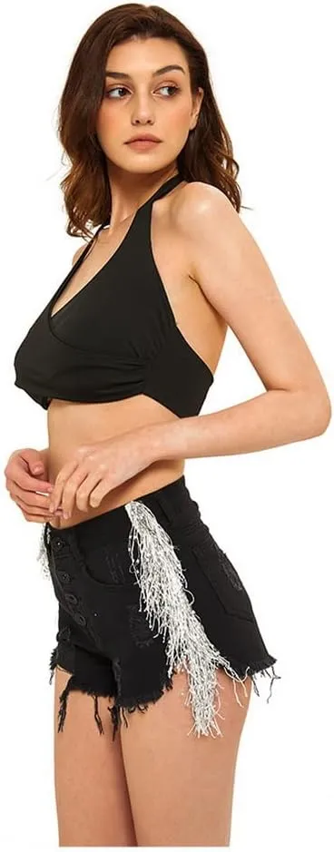 Women's Shiny Jean Shorts Rhinestone Fringe Tassels Wide Leg Sexy Summer Denim Short Jeans