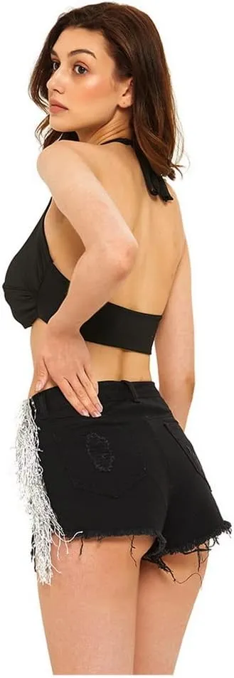 Women's Shiny Jean Shorts Rhinestone Fringe Tassels Wide Leg Sexy Summer Denim Short Jeans