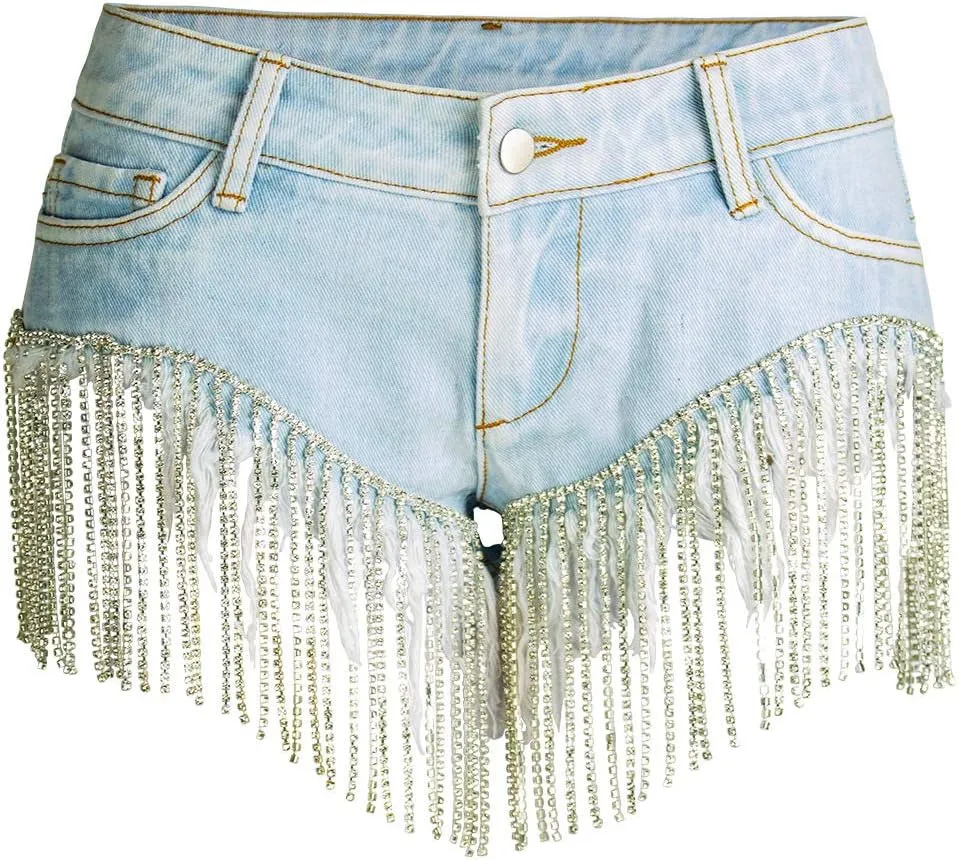 Women's Shiny Jean Shorts Rhinestone Fringe Tassels Wide Leg Sexy Summer Denim Short Jeans