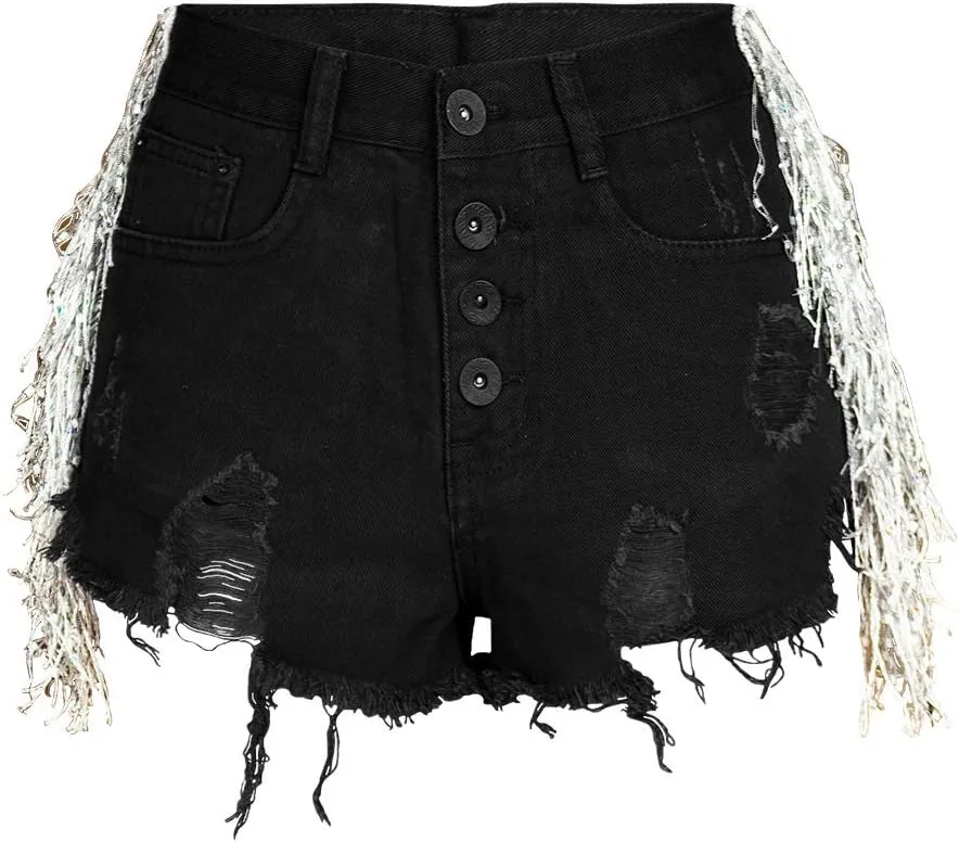 Women's Shiny Jean Shorts Rhinestone Fringe Tassels Wide Leg Sexy Summer Denim Short Jeans