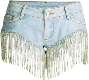 Women's Shiny Jean Shorts Rhinestone Fringe Tassels Wide Leg Sexy Summer Denim Short Jeans