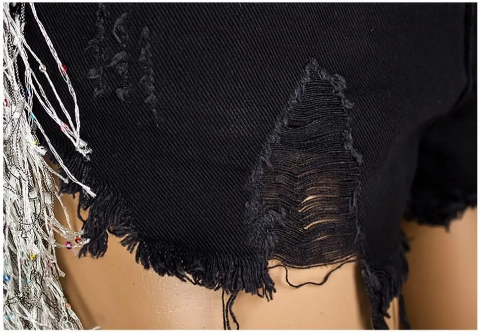 Women's Shiny Jean Shorts Rhinestone Fringe Tassels Wide Leg Sexy Summer Denim Short Jeans