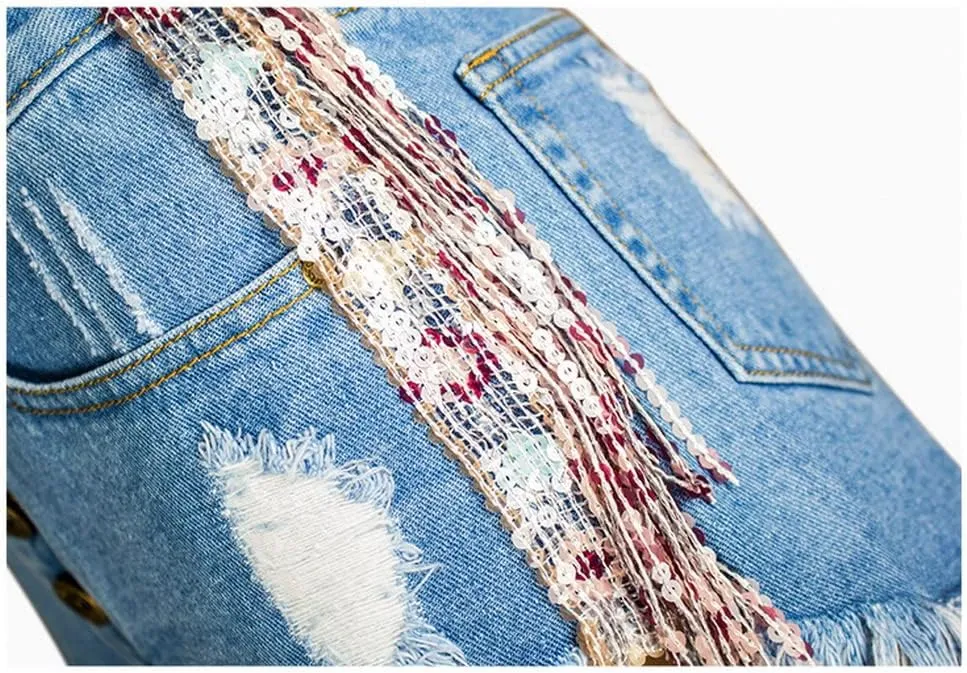 Women's Shiny Jean Shorts Rhinestone Fringe Tassels Wide Leg Sexy Summer Denim Short Jeans