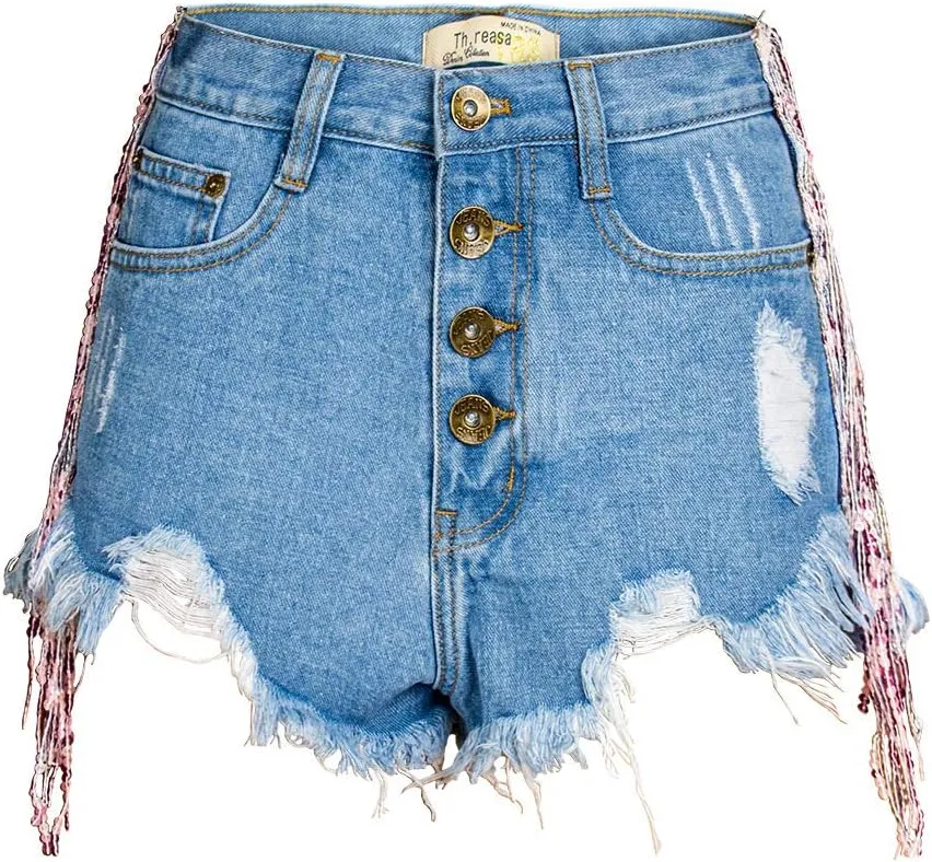 Women's Shiny Jean Shorts Rhinestone Fringe Tassels Wide Leg Sexy Summer Denim Short Jeans
