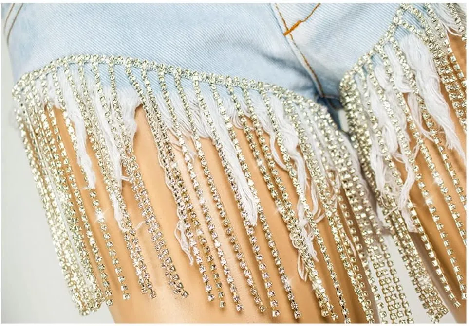Women's Shiny Jean Shorts Rhinestone Fringe Tassels Wide Leg Sexy Summer Denim Short Jeans