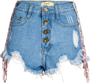 Women's Shiny Jean Shorts Rhinestone Fringe Tassels Wide Leg Sexy Summer Denim Short Jeans