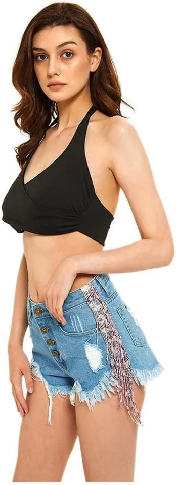 Women's Shiny Jean Shorts Rhinestone Fringe Tassels Wide Leg Sexy Summer Denim Short Jeans