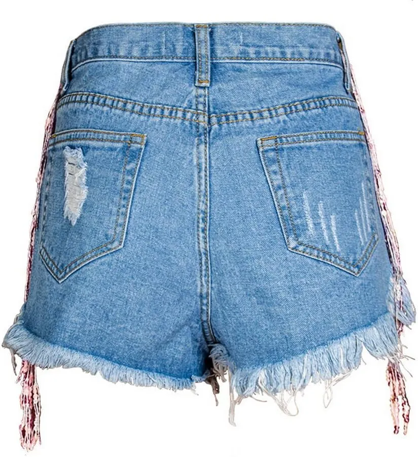Women's Shiny Jean Shorts Rhinestone Fringe Tassels Wide Leg Sexy Summer Denim Short Jeans