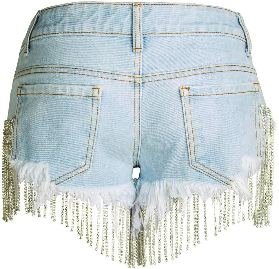 Women's Shiny Jean Shorts Rhinestone Fringe Tassels Wide Leg Sexy Summer Denim Short Jeans