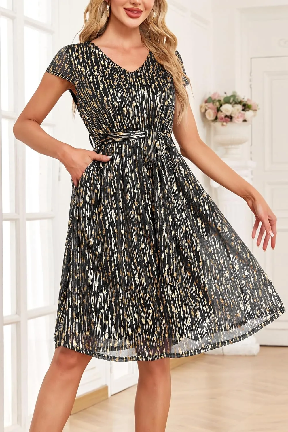 Women's Sparkly Glitter Summer Cocktail Party & Wedding Guest Dress - Short Sleeve with Pockets
