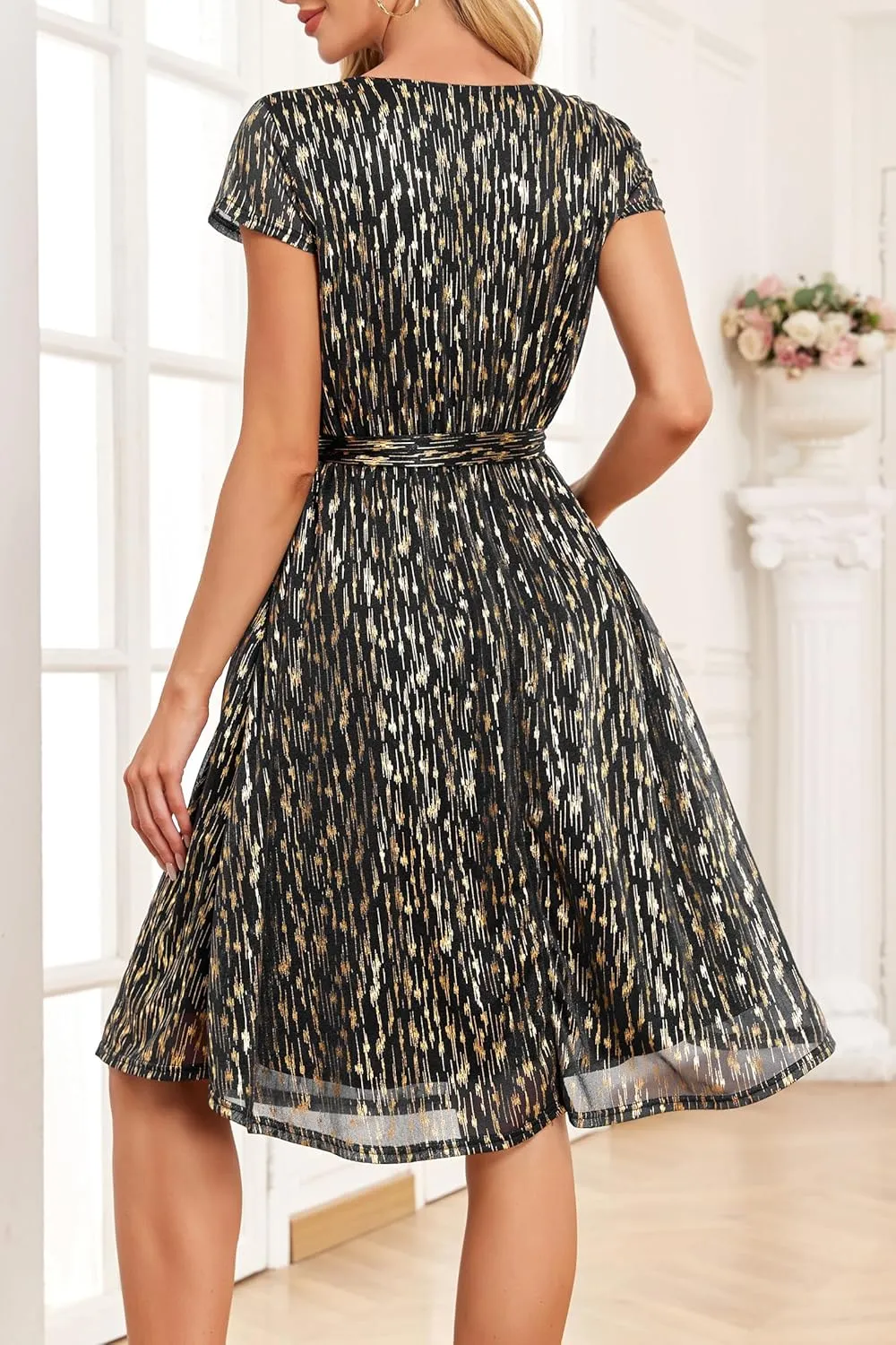 Women's Sparkly Glitter Summer Cocktail Party & Wedding Guest Dress - Short Sleeve with Pockets