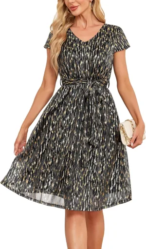 Women's Sparkly Glitter Summer Cocktail Party & Wedding Guest Dress - Short Sleeve with Pockets