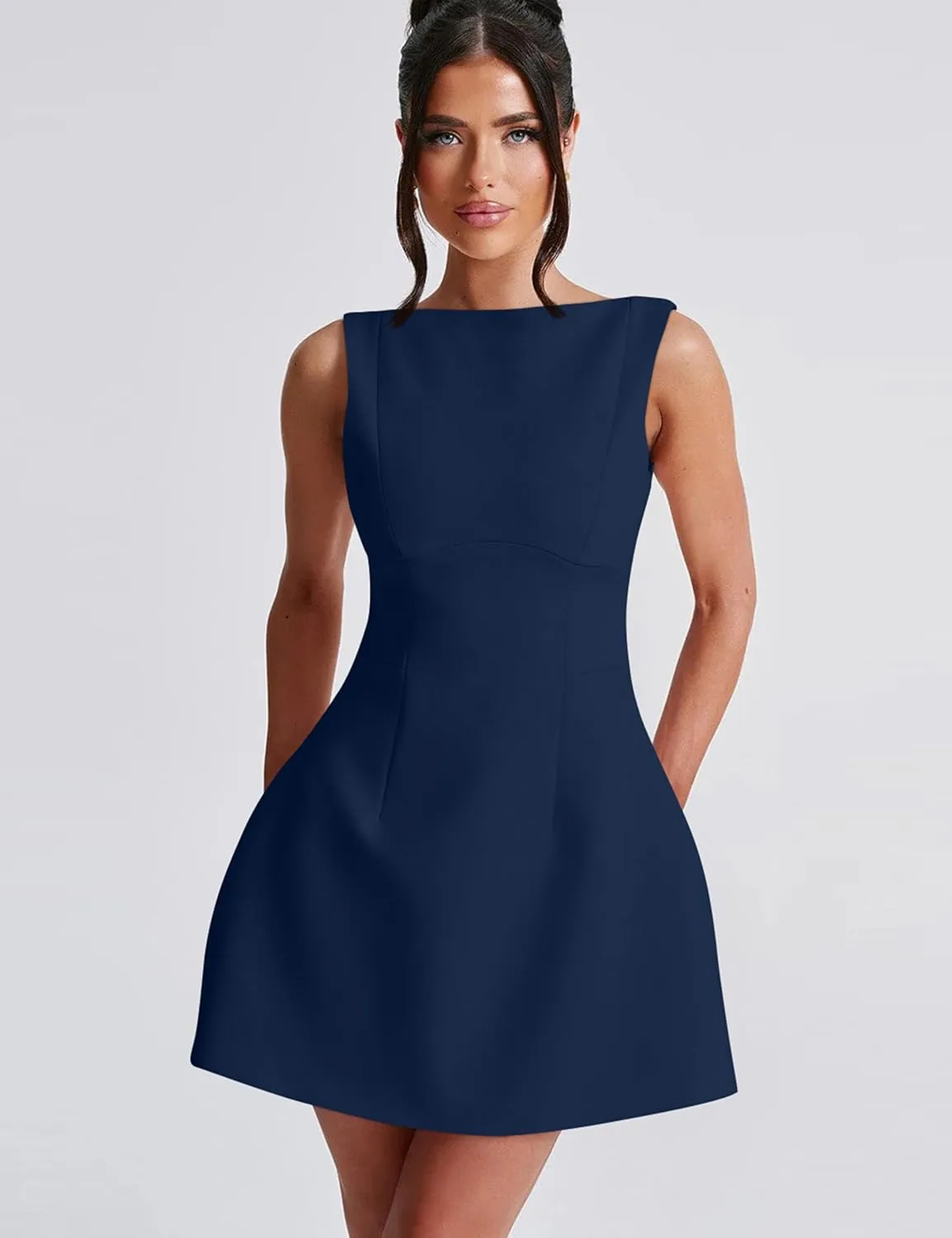 YMDUCH Women's Sexy Sleeveless Crew Neck Backless A-line Party Short Mini Dress