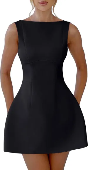 YMDUCH Women's Sexy Sleeveless Crew Neck Backless A-line Party Short Mini Dress