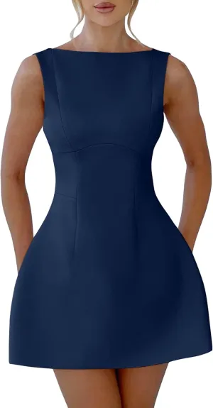 YMDUCH Women's Sexy Sleeveless Crew Neck Backless A-line Party Short Mini Dress