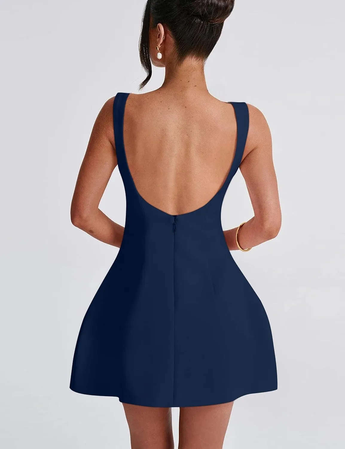 YMDUCH Women's Sexy Sleeveless Crew Neck Backless A-line Party Short Mini Dress