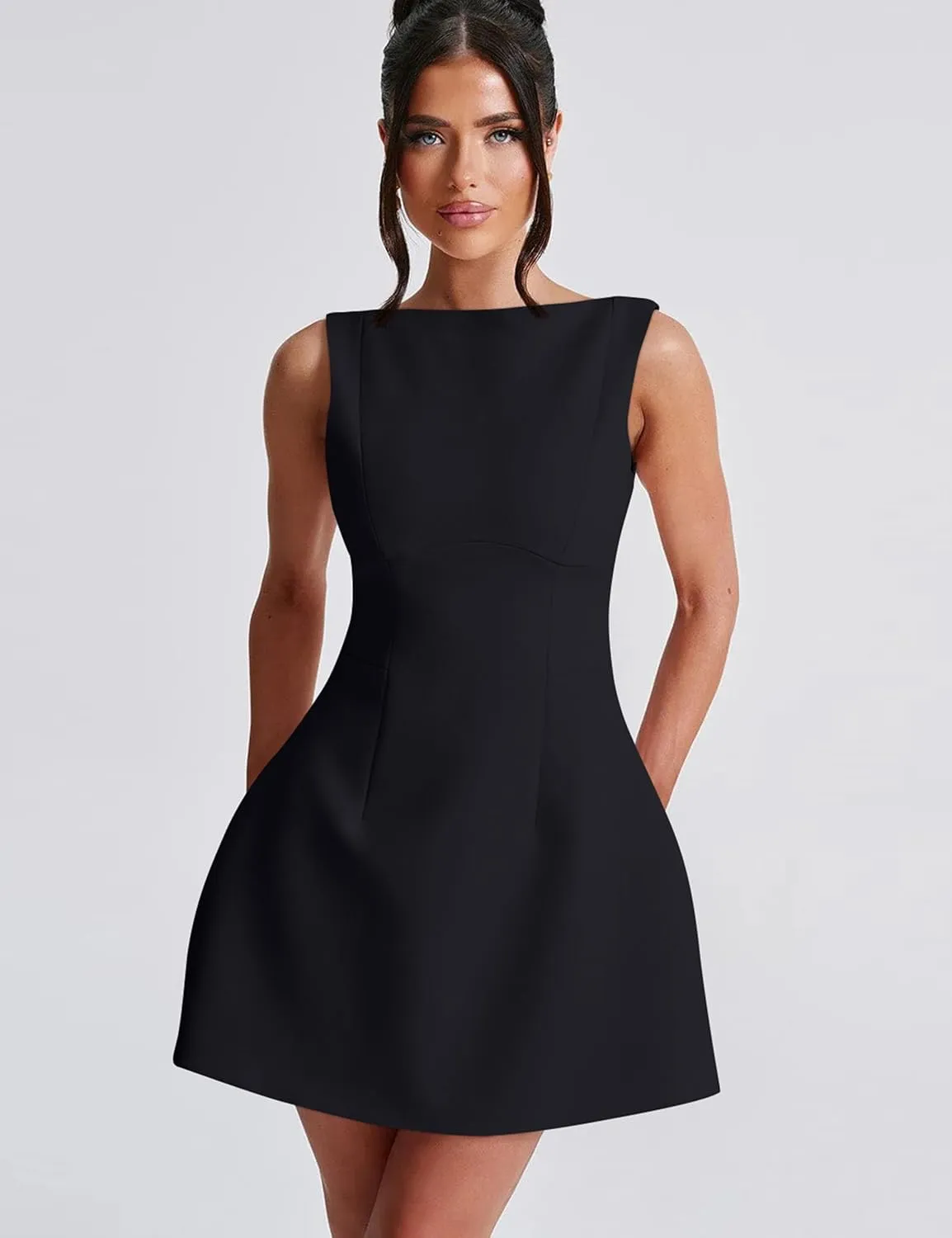 YMDUCH Women's Sexy Sleeveless Crew Neck Backless A-line Party Short Mini Dress